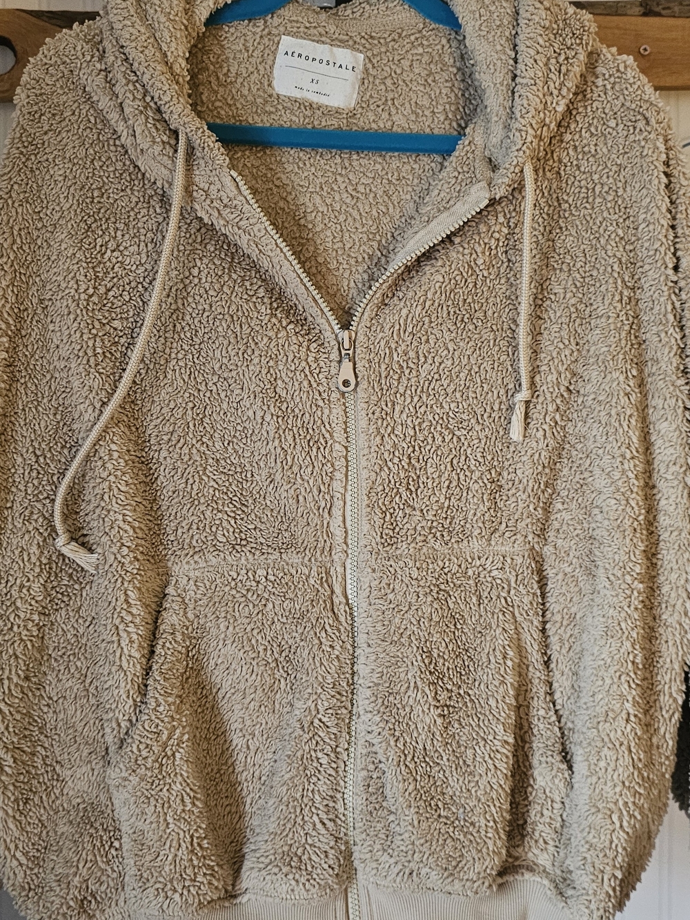 Aeropostale Plush Teddy Sherpa Zip Hoodie in Light Beige